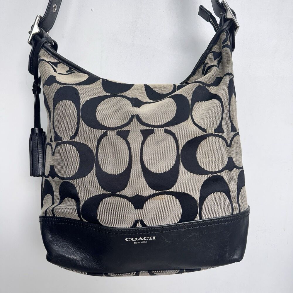 Coach Signature Optic Duffel Shoulder Bag Black Gray Canvas Leather Tassel 21149